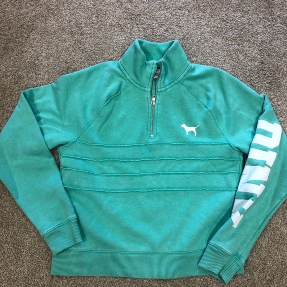 PINK‎ Victoria's Secret Women's Size XS Mint Green 1/4 Zip Dog Logo Pullover